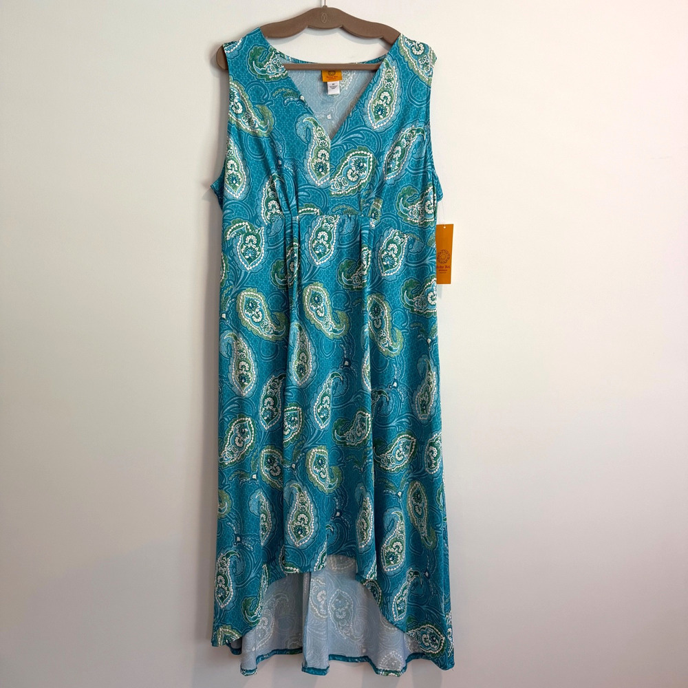 Ruby Rd Women's 1X Blue High Low Paisley Midi Dress V-neck Sleeveless New